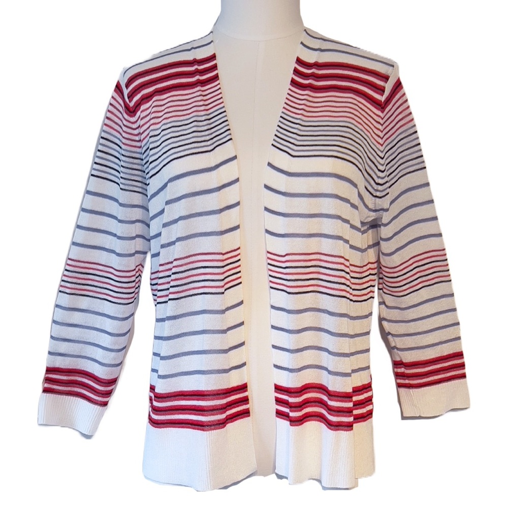 JM Sports LG White Striped Summer Cardigan Sweater